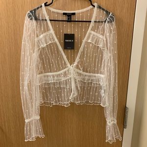 SOLD: Forever 21 sheer tie white top with pretty detailing size M brand new